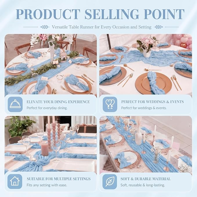 12 Pack Light Blue Cheesecloth Table runne 17x108 Inch Boho Rustic Semi Sheer - Image 7