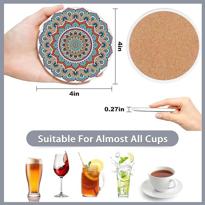 Drink Coasters Set of 6 with Holder, Mandala Boho Flower Absorbent Ceramic - Image 2