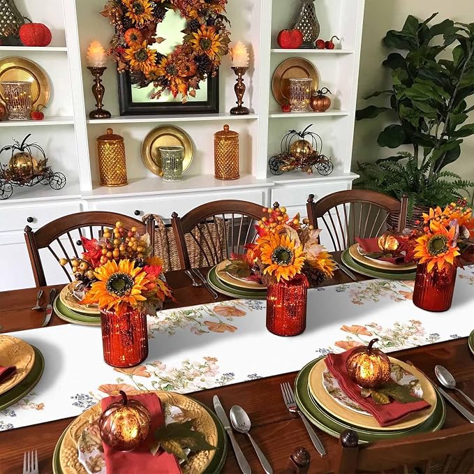 Fall Windflowers Pumpkin Table Runners 60 Inches Long, Cotton Linen Fabric - Image 3