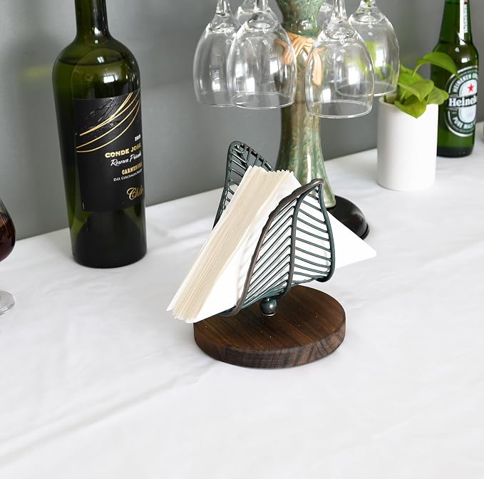 OwlGift Freestanding Modern Napkin Holder w/Golden Turquoise Wrought Iron Leaf - Image 2