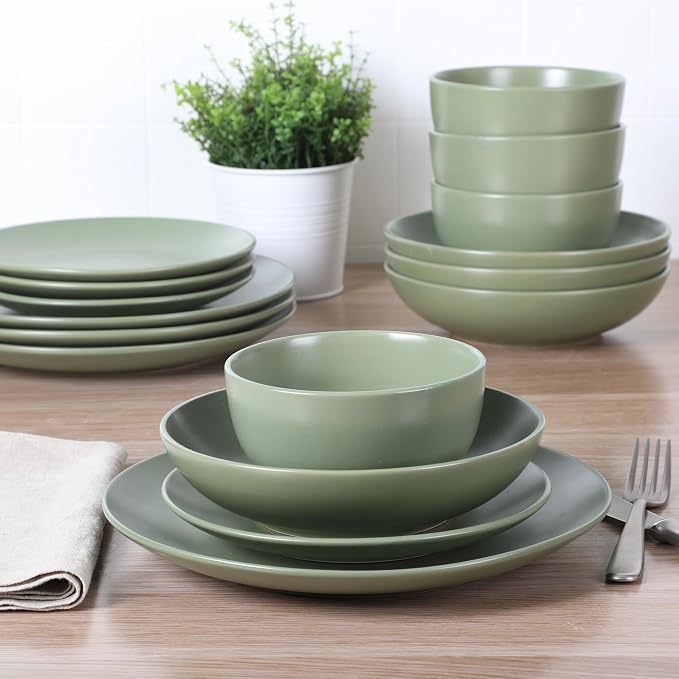 Gibson Home Queenslane 16-Piece Matte Green Stoneware Dinnerware Set – Double - Image 6