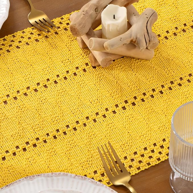 DeZerlor Yellow Boho Macrame Farmhouse Woven Table Runner 72Inch | Cotton Linen - Image 6