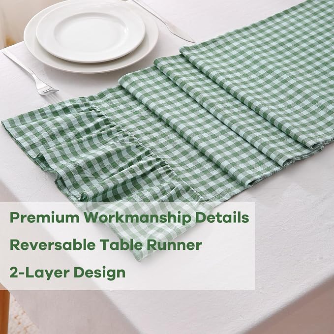 Christmas Green White Plaid Gingham Ruffle Table Runner 120 inches Long - Image 5