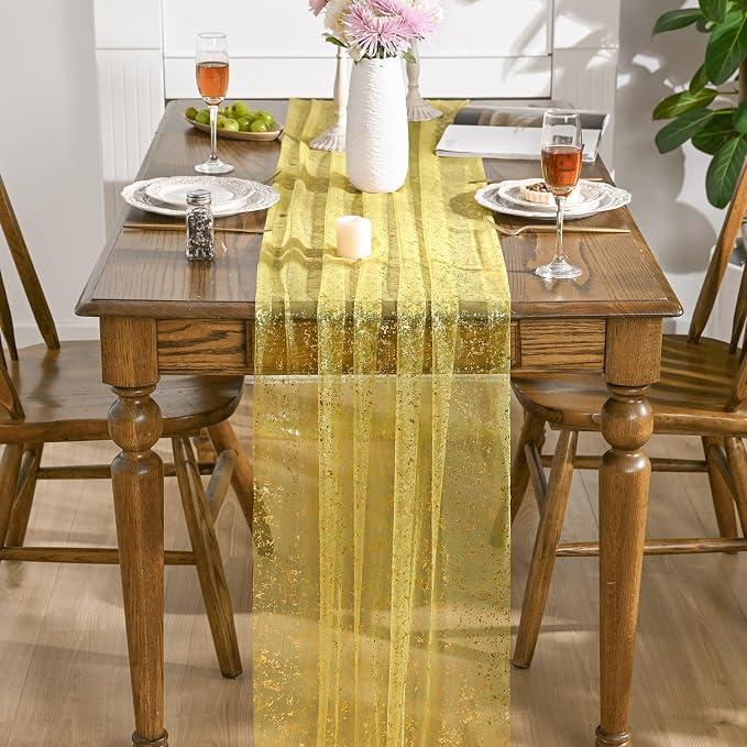 Artoid Mode 3PCS Light Yellow Gold Gauze Table Runner 120 Inch 10FT, Glitter - Image 2