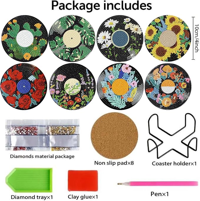 8 Pack Vinyl Record Diamond Art Coasters Kits- Diamond Painting Coaster Kit | - Image 3