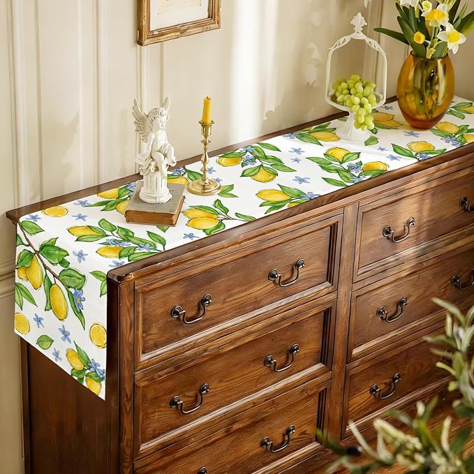 Summer Amalfi Coast Lemon Fruit Table Runner, Seasonal Green Leaves Burlap - Image 5