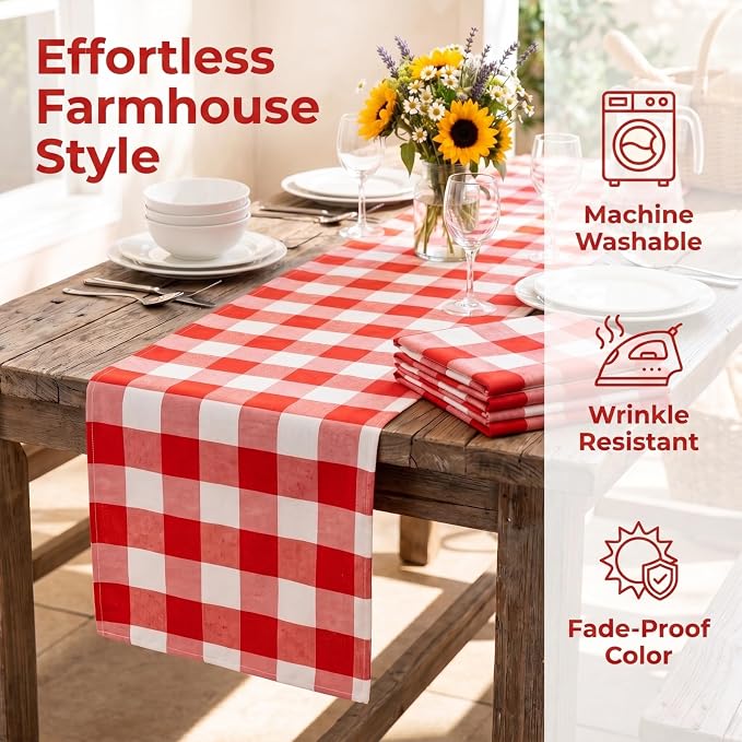 Table Runner 13''x108'' Red and White Gingham Cotton Buffalo Plaid Cover | Red - Image 4