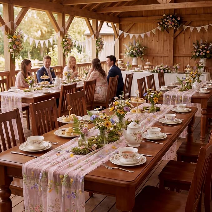 Pink Floral Table Runner 10ft Embroidery Tulle Spring Wildflower Table Runner - Image 7