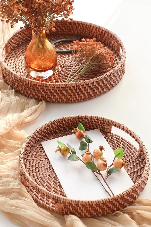 HITOMEN Hand-Woven Round Rattan Serving Tray Decorative Ottoman Wicker Platter - Image 2