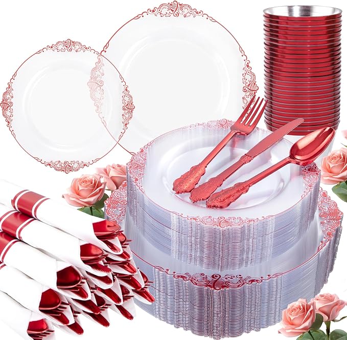 350 Pcs Clear Red Plates for Party | Red Party Plates Set for 50 Guests - Image 8