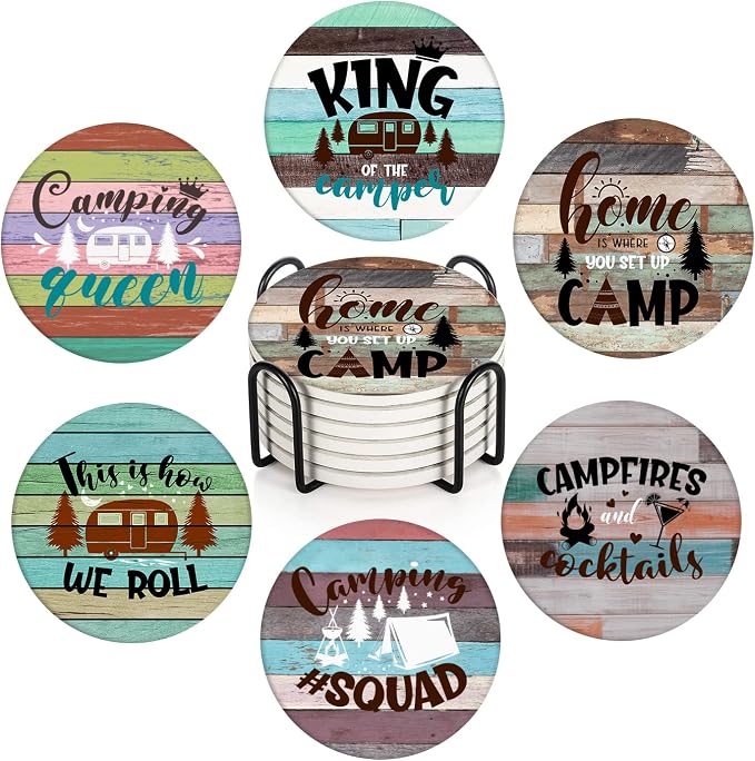 Coasters for Drinks, Ceramic Stone, Camping Wooden | Forest Summer Absorbent by Britimes