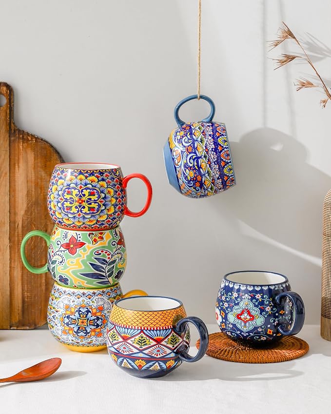 HENXFEN LEAD Large Boho Ceramic Coffee Mugs Set of 6, 20 oz | Assorted Patterns - Image 4