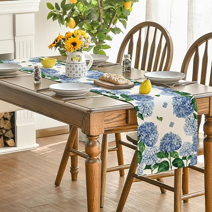 Artoid Mode Watercolor Hydrangea Summer Table Runner, Seasonal Spring Kitchen - Image 4