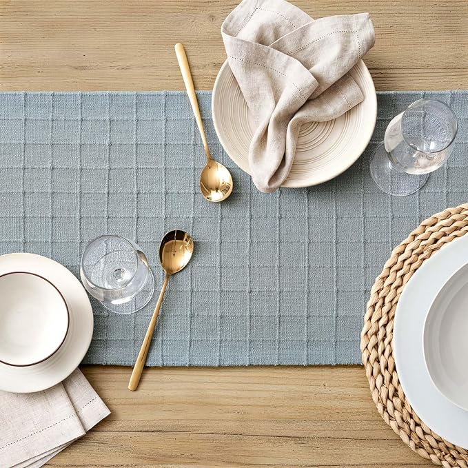 Artisanal Grid Linen Table Runner, 13x48 Inches Chambray | Heavy Textured - Image 5