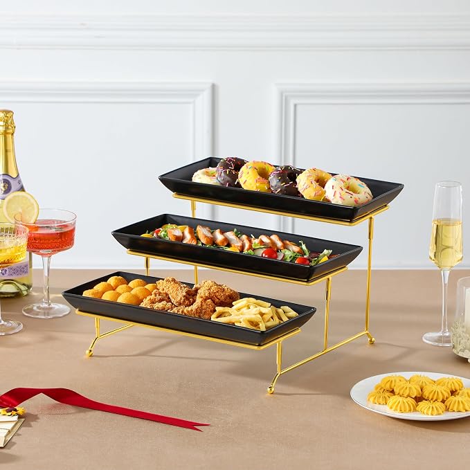 MALACASA 3 Tier Serving Trays for Party, 14 Inch Porcelain Black Trays for - Image 8