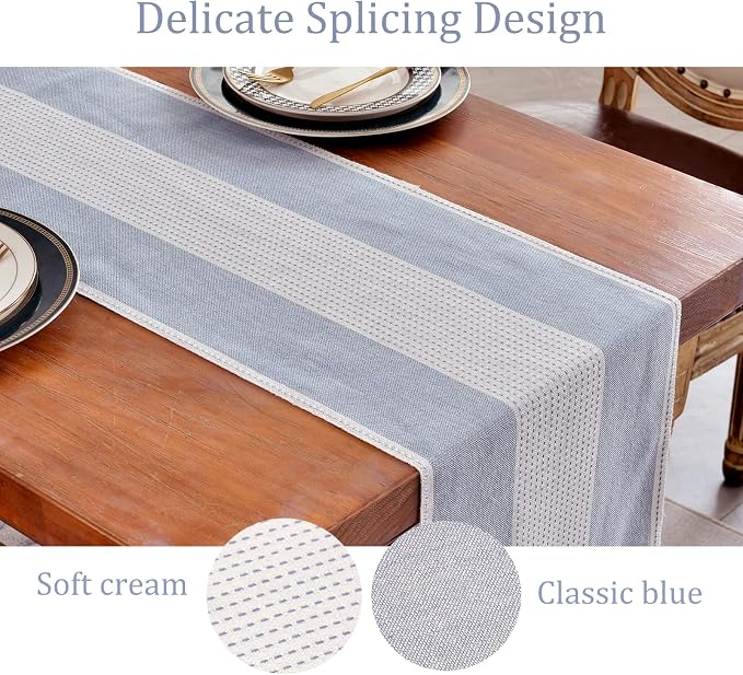 Wracra Linen Table Runner, Stripe Table Runners 90 Inches Long Blue | Delicate - Image 3