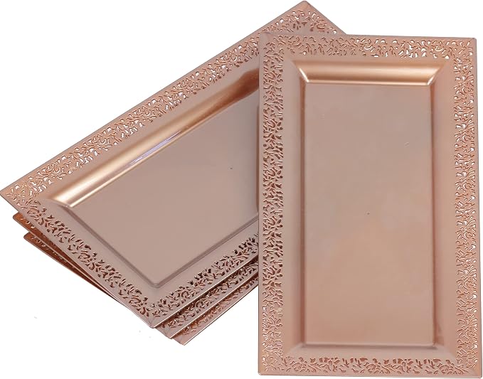 14" x 7.5" Rose Gold Lace Rim Plastic Serving Trays & Platters | Heavy Duty - Image 2