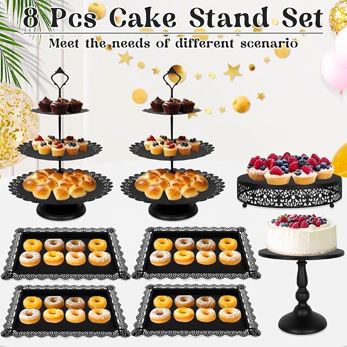 Fivenl 8 Pcs Cake Stand Black Metal Dessert Table Display Set, 3-Tier Cupcake - Image 7
