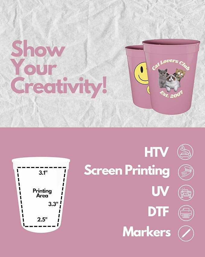 PartyPrints 100 Pack 16 oz Pink Reusable Blank Plastic Cups, Stadium Cups Bulk - Image 3