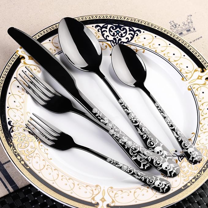 Skull Black Silverware Set for 8, 40-Piece Pirate Rose Flatware Set, Gothic - Image 5