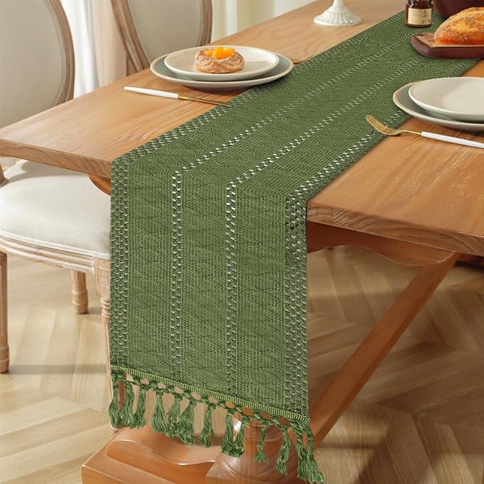 Sage Green Boho Table Runner for Home Decor 108 Inches Long - Image 4