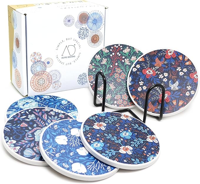 AD Set of 6 Coasters for Drinks Absorbing Round Ceramic Stone Coaster by AD