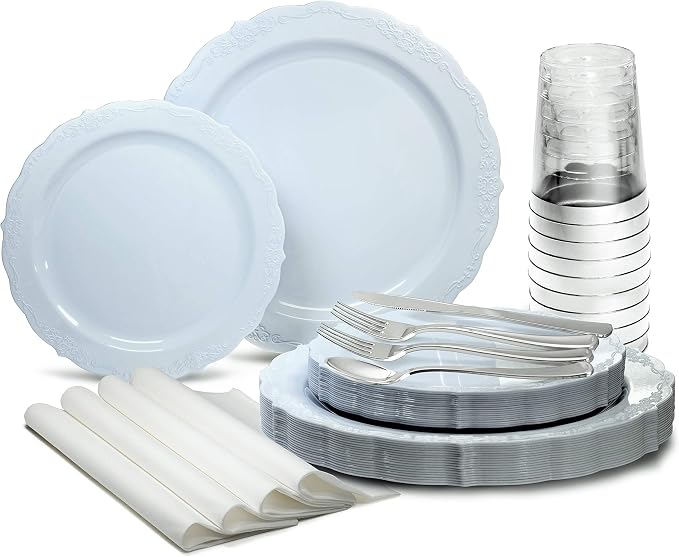 " OCCASIONS " 320 Piece set-Vintage Wedding Party Disposable Plastic Plates & by OCCASIONSFINESTPLASTICTABLEWARE
