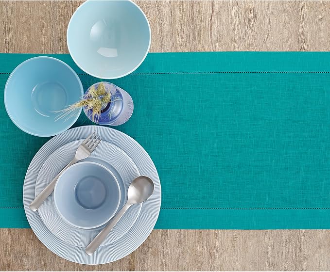 Solino Home 100% Pure Linen Table Runner Teal, Classic Hemstitch 14 x 90 in | - Image 3