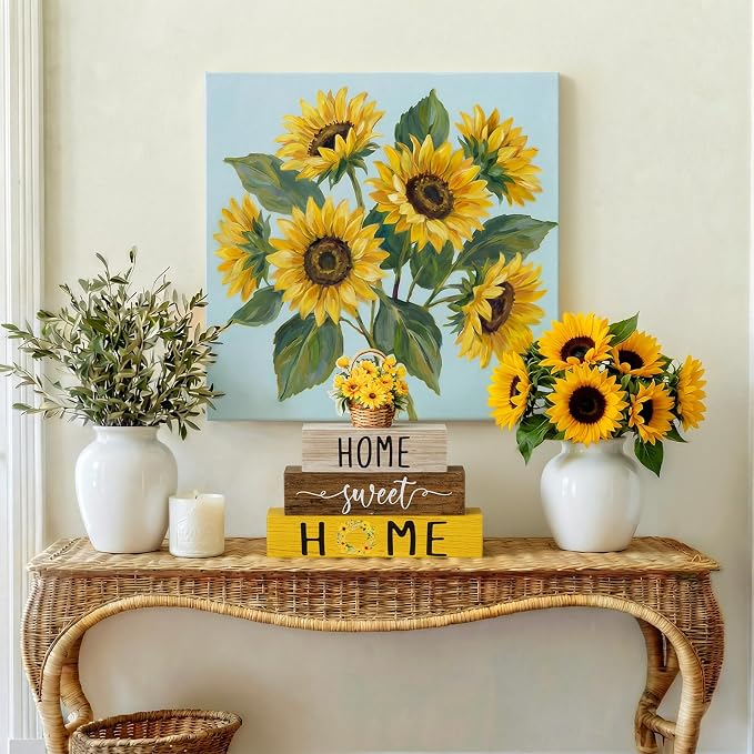 Cinnvoice 4 Pcs Farmhouse Wooden Tabletop Decor Yellow Sunflower Summer Rustic - Image 5