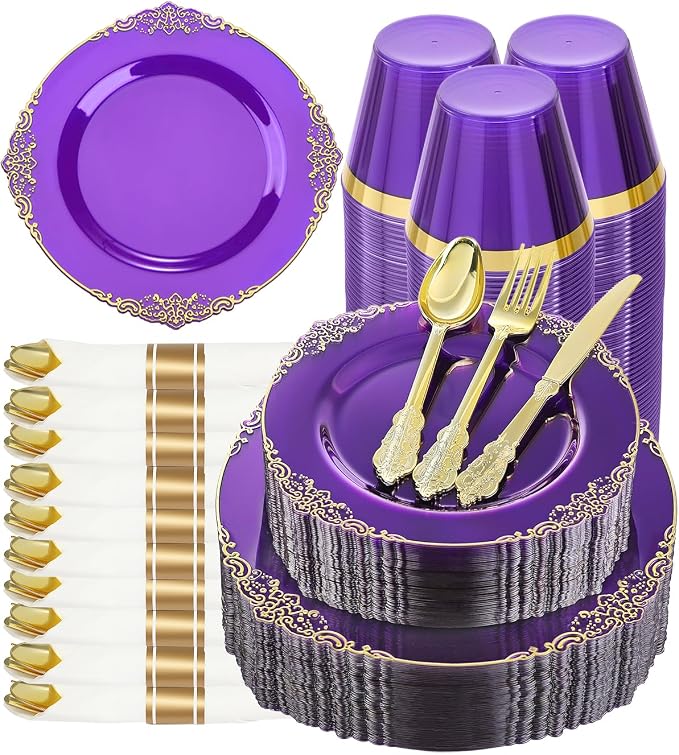 350 Piece Clear Purple Plastic Dinnerware Set by GoodLuck