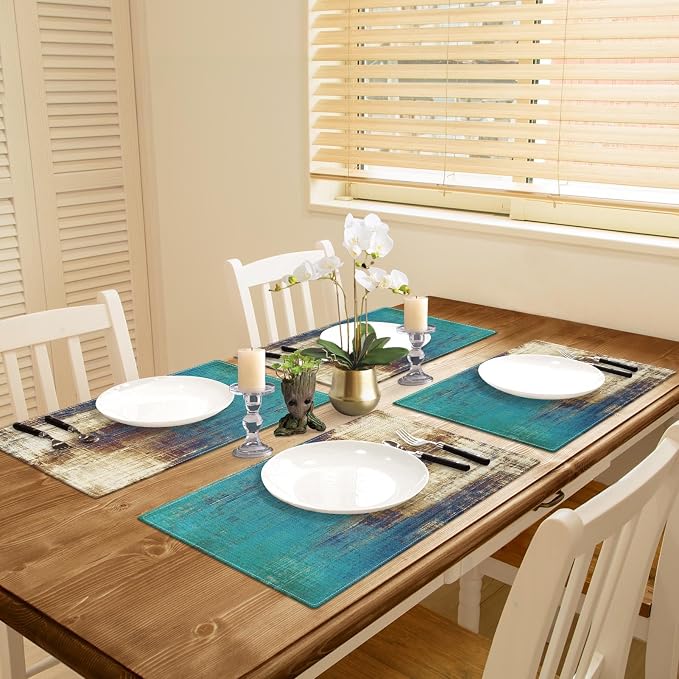 Emvency Farmhouse Placemats Set of 4, 12x18 Inch, Teal and Light Brown | - Image 5