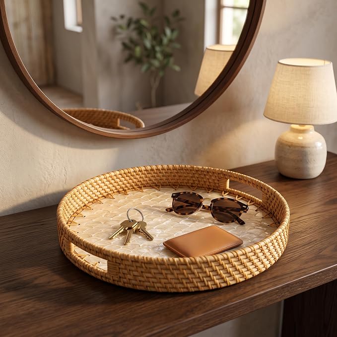 JUNGLE CULTURE Round Rattan Tray Mother of Pearl Inlay • Cascade Light 14" | - Image 9