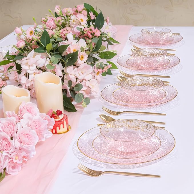 30 Pack 12 Ounce Pink Plastic Bowls Hammered Clear Bowl - Image 4