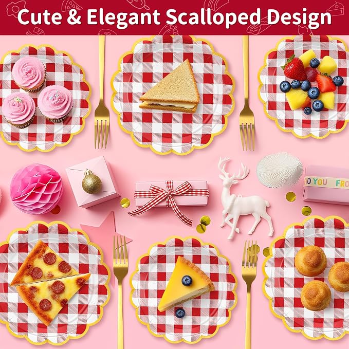 50 Pcs Red Gingham Paper Plates Disposable, Dessert Cake Plates, - Image 6