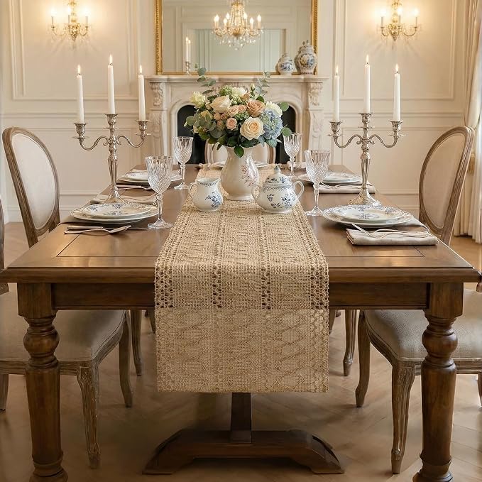 Burlap Boho Table Runner Macrame Brown 72in Farmhouse Woven Runner | Burlap - Image 6