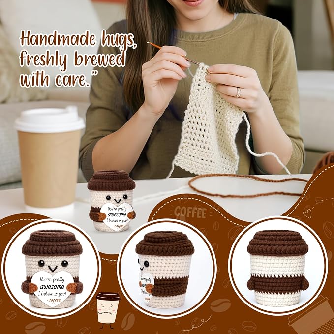 Mini Office Gift for Women Men, Thank You Gifts Positive Crochet Coffee Cup | - Image 3