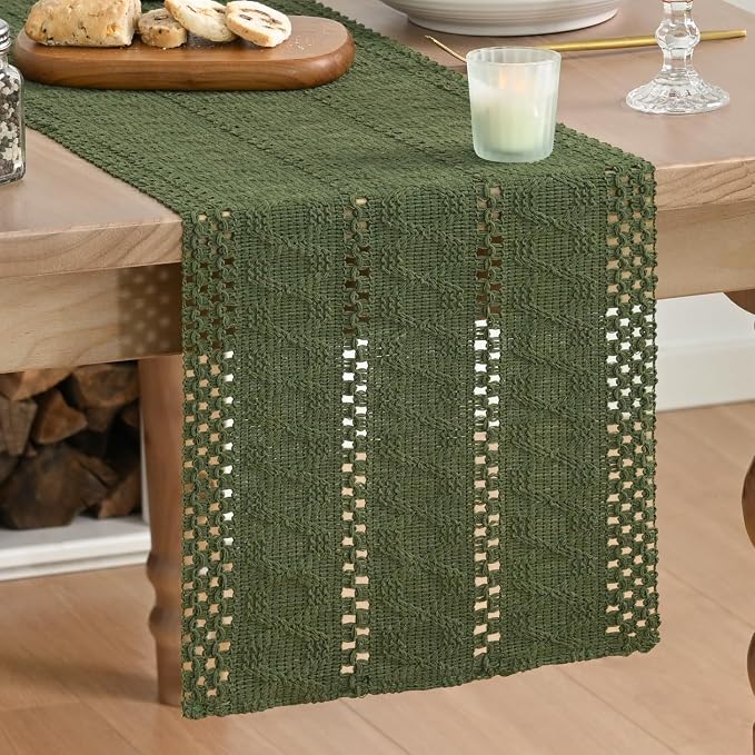 Artoid Mode Army Green Woven Farmhouse Hollow Table Runner 12x48 Inch | Holiday - Image 2