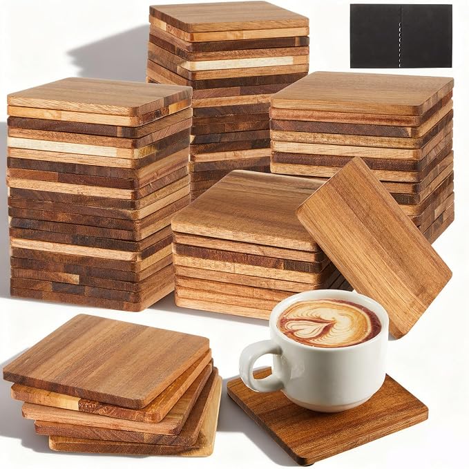 60 Pcs Unfinished Acacia Wood Coasters Bulk, 4 Inch Square Wooden Coasters by Ferrochef