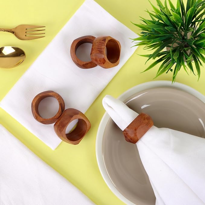 Square Acacia Wood Napkin Rings, diamond-cut edge, natural grain finish - Image 2