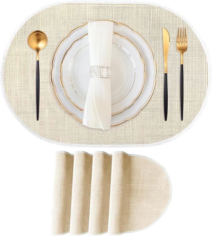 Beige Placemats Set of 4, 12x18 Inch Oval Washable Place Mats Easy to Clean by Unknown