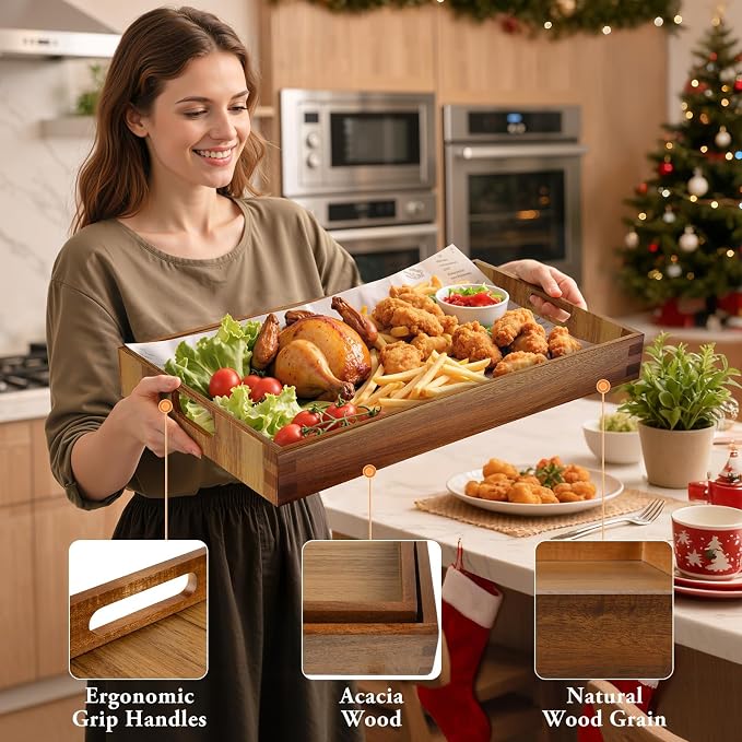 Serving Trays - 2 Pack, Large | Acacia Wood Serving Platters - Image 2