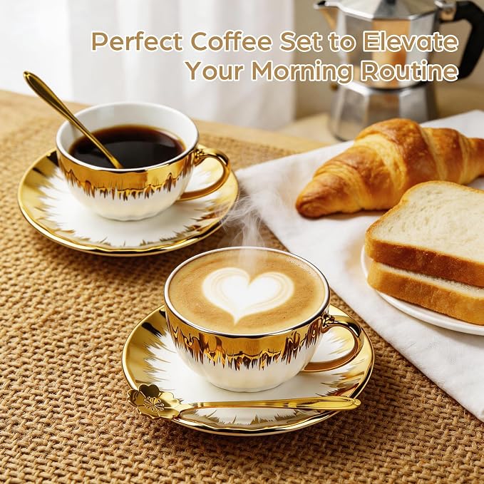 Cappuccino Cups with Saucers, 8 oz Ceramic Coffee Cup Set of 6, Espresso Cups - Image 6