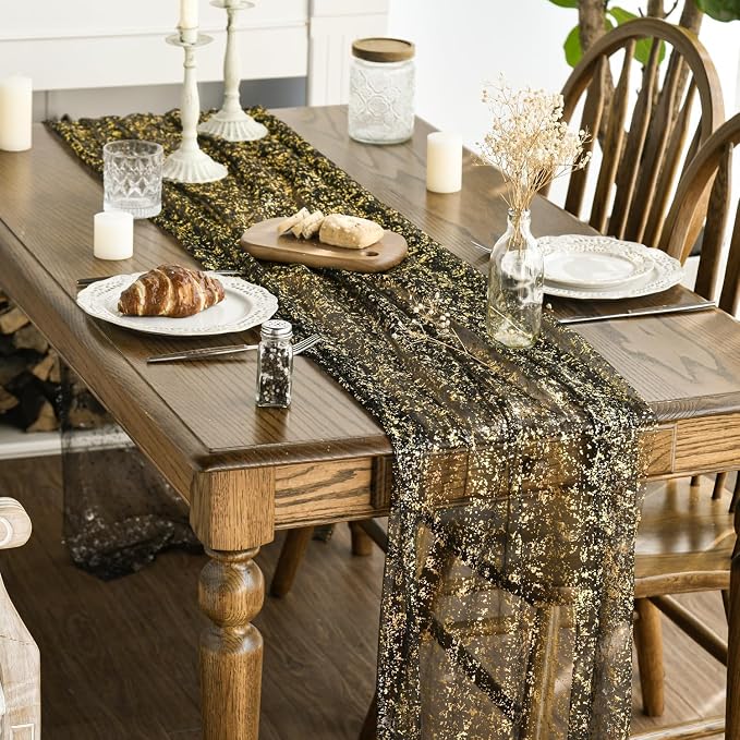 Artoid Mode 6Pcs Black Gold Gauze Table Runner 120 Inch 10FT, Glitter Metallic - Image 3