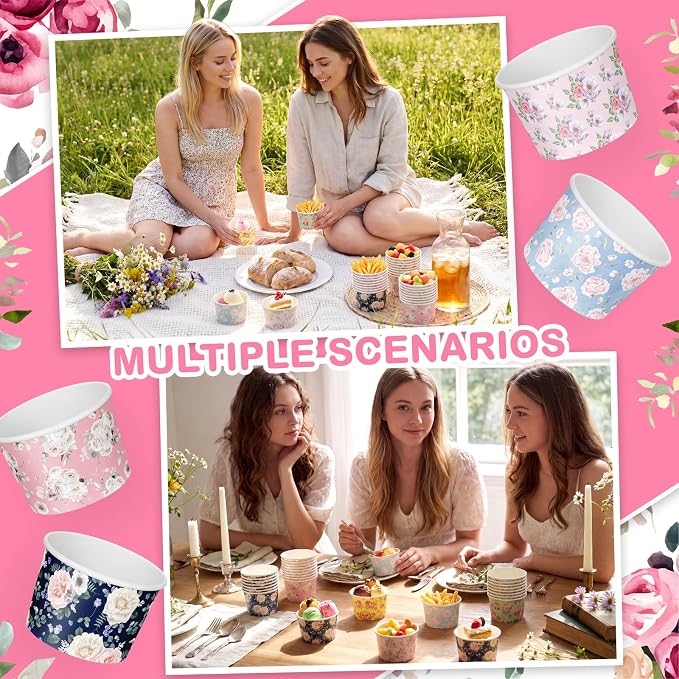 CHENGU 60 Pcs Floral Snack Cups 9 oz Disposable Floral Paper Dessert Bowls - Image 5