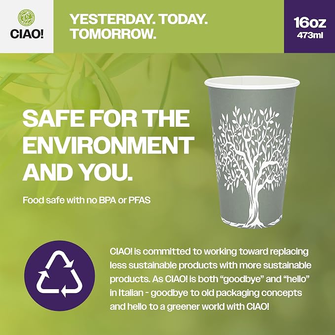 CIAO! 16oz Paper Hot Cup, Rooted Olive Print - Image 3