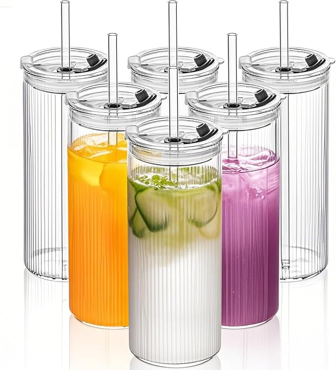 KEMORELA 6-Pack 18oz Ribbed Glass Cups by KEMORELA