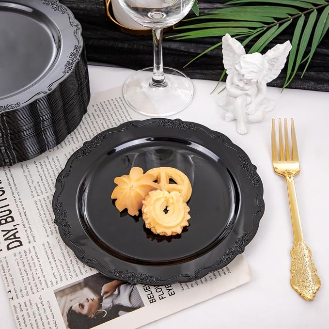 U-QE 100PCS Black Plastic Plates, Heavy Duty Black Plates Including 50PCS 10'' - Image 7