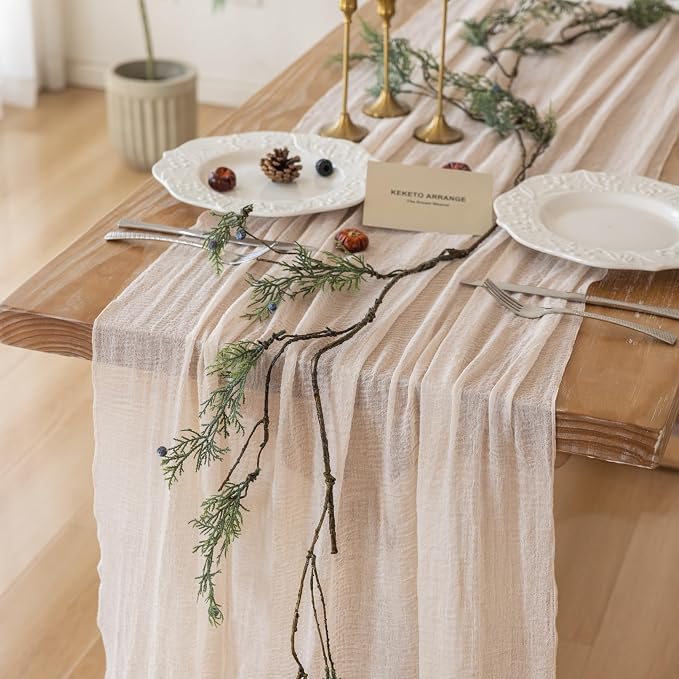 6Pcs Light Beige Cheesecloth Table Runner 120 Inches by KEKETOARRANGE