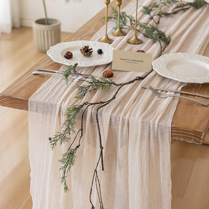 3Pcs Light Beige Cheesecloth Table Runner 120 Inches by KEKETOARRANGE