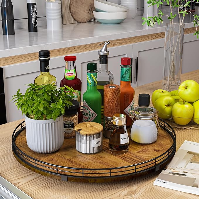 AMH 18-Inch Farmhouse Oak Lazy Susan Organizer, Walnut Finish | Smooth rotating - Image 2